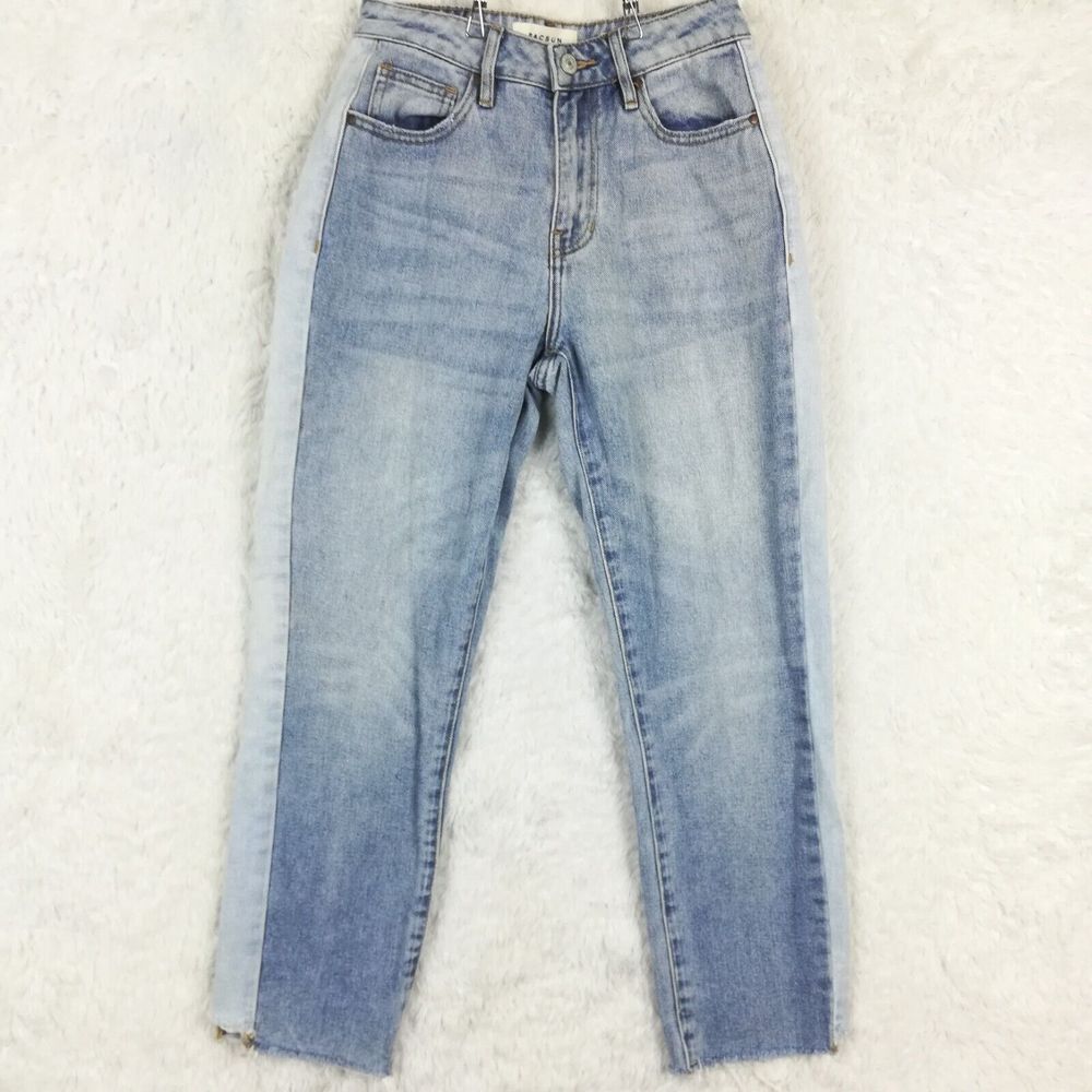 Pacsun Womens Mom Jeans Denim Light Wash Raw Hem Colorblock Tape Seam 24